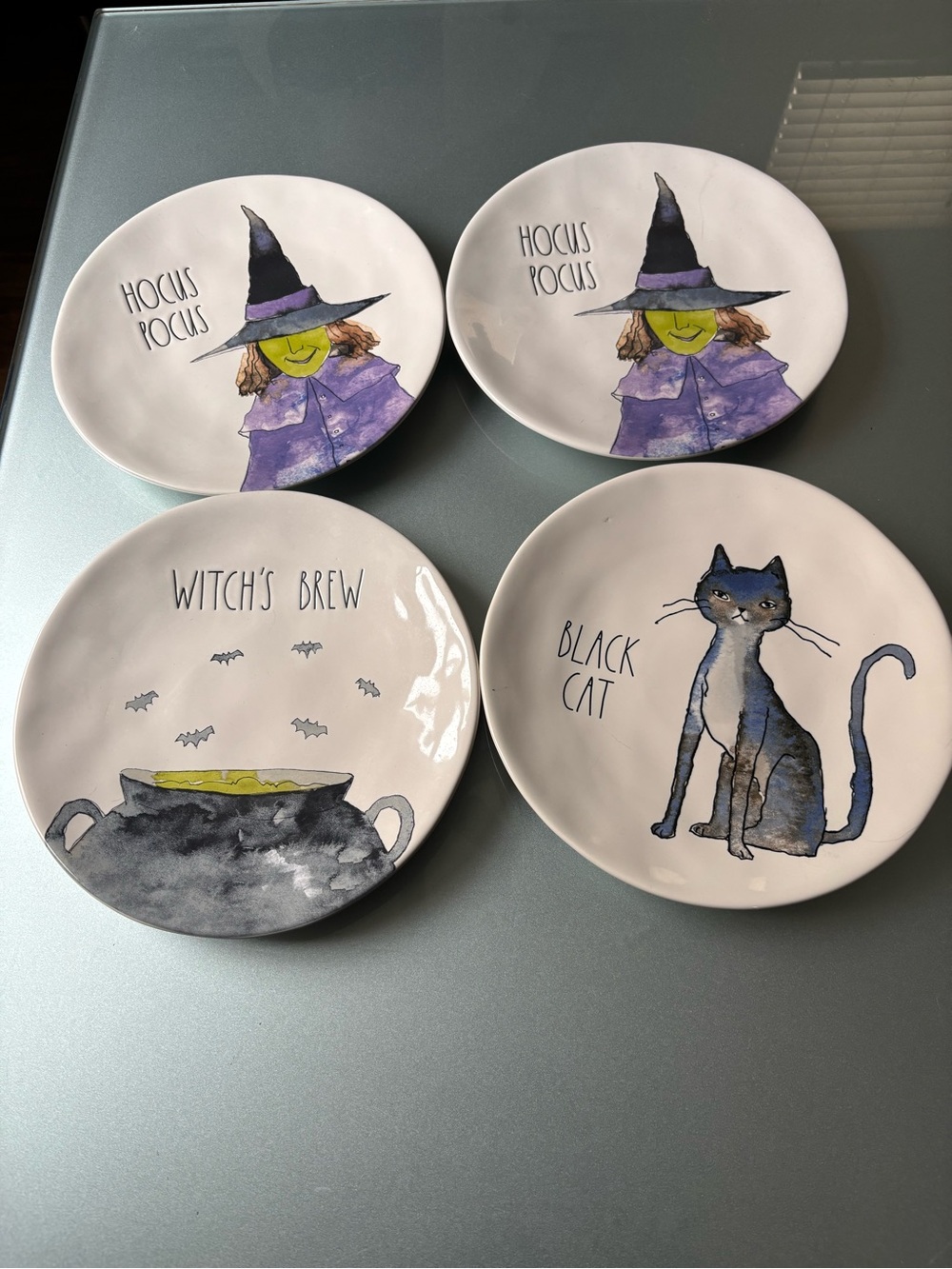 Rae Dunn Halloween Witch & Cat ,Witch’s Brew Plate Set - 4 Pieces